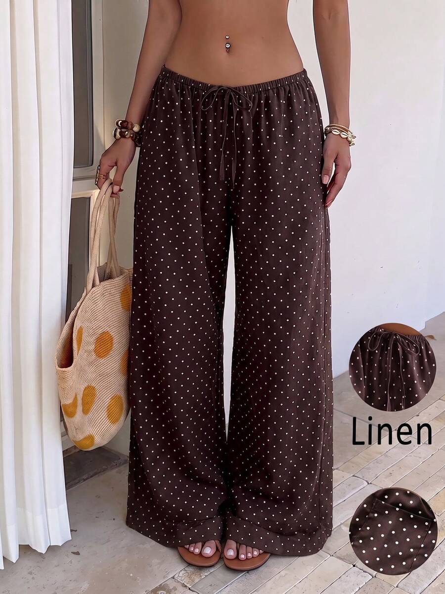 Women's Casual Wide Leg Pants, Comfortable Fashion Versatile Linen Vacation Breathable Loose Drape Straight Leg Coffee Polka Dot Long Pants, Spring/Autumn New Style - Coffee-colored Polka Dots - View 1