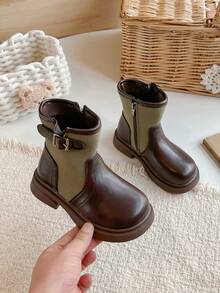Girls' Patchwork Knit Ankle Boots With Metal Buckle Side Zipper Thick Sole Vintage Fashion Versatile Work Boots For Autumn/Winter - Brown - View 1