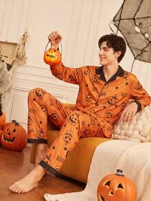 Notgurli 4-Piece Couples' Set: Women's & Men's Halloween Pajamas Button-Front Loungewear Fun Comfortable Pumpkin-Print Loungewear For Autumn/Winter - Multicolor - View 3