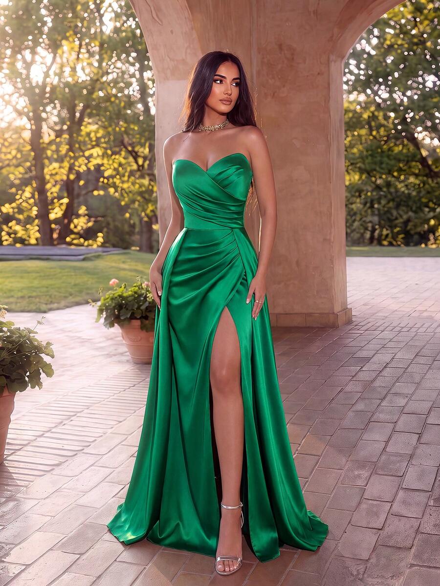 ADYCE Elegant Strapless Cinched Waist Backless Fitted High Slit With ...