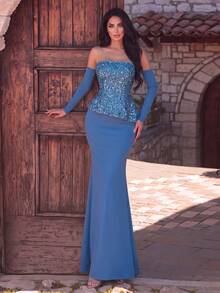 Elegantes trägerloses langes Meerjungfrau-Rock für Damen, mit Pailletten-Details und Ärmeln verziert, luxuriöser gestrickter formeller Abendkleid für Party und Hochzeit - Graublau - Übersicht 3