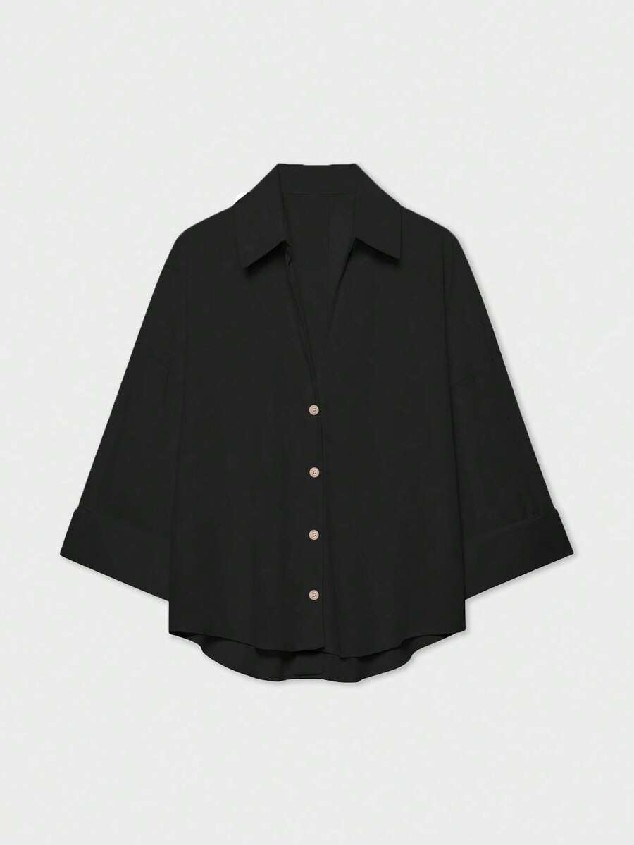 Plus Size Women's Vintage Elegant Shirt Collar Button-Down Blouse, Kimono Style Long Sleeve Shirt Black