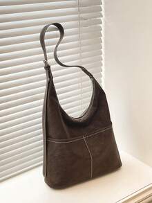 Dedoo Women's Suede-Like Hobo Shoulder Bag Set, Solid Color Vintage Matte PU, Contrast Stitching, Adjustable Strap, Large Capacity, Suitable For Autumn/Winter Student Daily Commute - Coffee - View 7