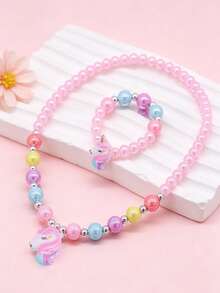 2pcs/Set Kids Unicorn Heart Charm Colorful Beaded Necklace & Bracelet Jewelry Set, Suitable For Daily Wear - one-size - View 2
