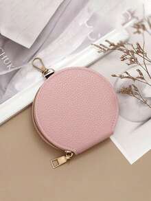Personalized Leather Earphone Case, Gold Foil Stamping, Custom Name Coin Purse, Round Earphone Storage Case, Mini Keychain Wallet - Pink - View 4