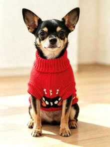 1pc Cute Paw Print & Bone Pet Cat Dog Fleece Sweater Winter Pet Clothing - Red - View 3