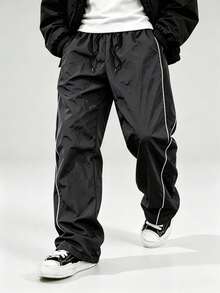 Men's Spring/Autumn Lightweight Colorblock Side Stripe Straight Leg Drawstring Waist Loose Woven Casual Sports Pants - Dark Grey - View 1