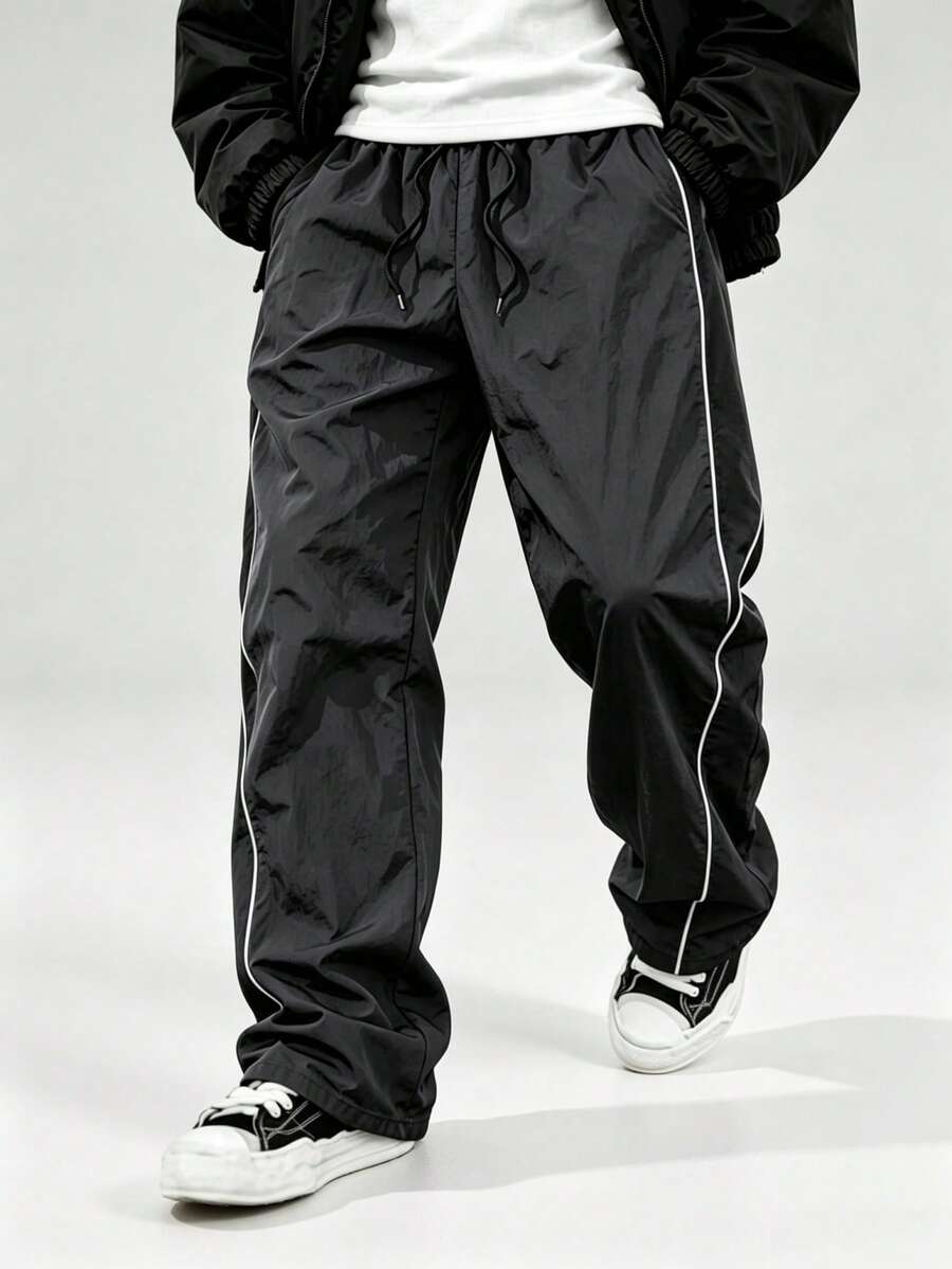 Men's Spring/Autumn Lightweight Colorblock Side Stripe Straight Leg Drawstring Waist Loose Woven Casual Sports Pants - Dark Grey - View 1