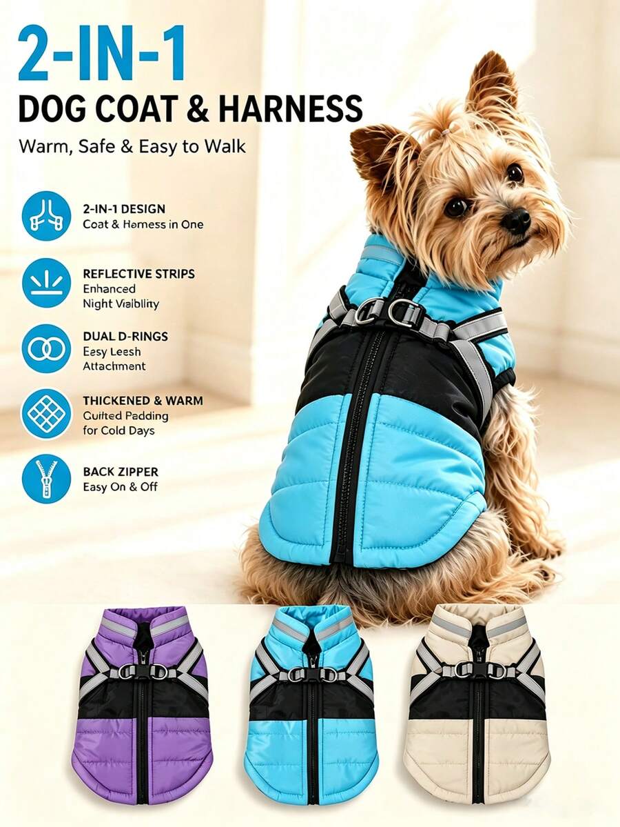 2-IN-1 Autumn/Winter Warm Pet Jacket & Harness With Reflective Strip Thicken Windproof Dog Coat Clothes Suitable For Small And Medium Dogs