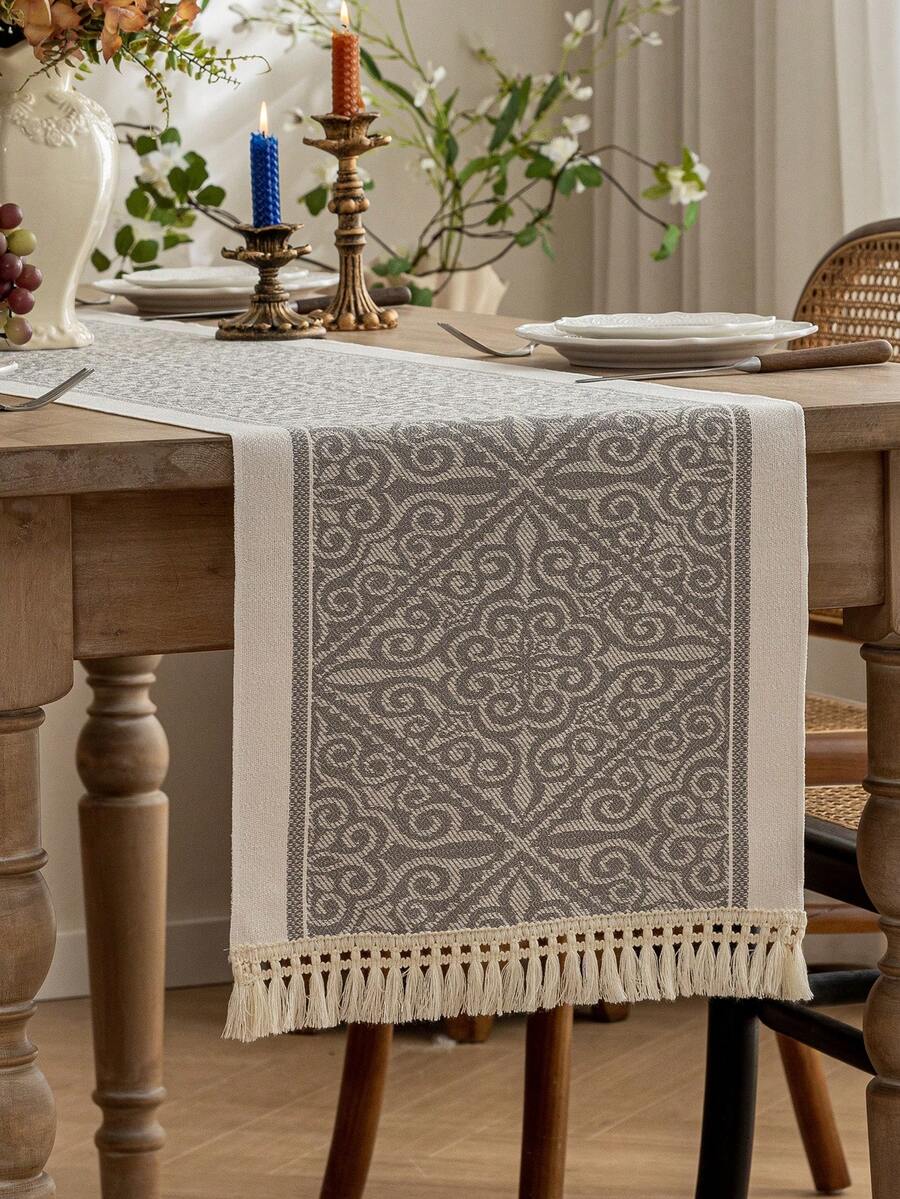 1pc Grey Table Runner With Tassels, Suitable For Home Tabletop Decoration, Wedding, Restaurant, Living Room, Autumn Decor, Home Decor, Kitchen Decor, Room Decor, Kitchen Accessories, Dining Table Decor
