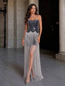 VIPGIRL Silver Navy Beaded Corset Fringe Maxi Dress Strapless Rhinestone Lace Up Tassel Overlay Bodycon Mini Evening Prom Cocktail Birthday Party Dress - Royal Blue - View 4