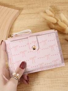 Simple Bow Printed Card Bag, Ultra-Thin Zipper Convenient ID Window ID Bag, Portable Credit Card And Coin Card Bag, Suitable For Outdoor And Travel - Pink - View 9