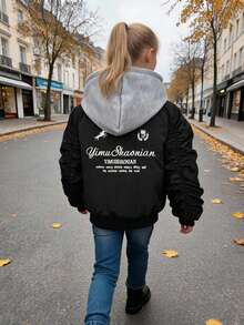 Girls' Spring/Autumn/Winter 2-In-1 Hooded Baseball Jacket, Street Style English Embroidery Patchwork Hoodie, Casual Thickened Jacket Outerwear, Ages 8-13 - Black - View 6