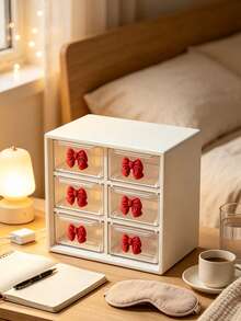 Drawer-Style Mini Cosmetic Storage Box With Bowknot Design, Transparent Plastic Stackable Storage Box, 9-Compartment Organizer With Multiple Dividers, Smooth Surface Easy To Clean, Dust-Proof Design, Large Internal Capacity, Suitable For Desktop, Office, Bedroom, Dorm, Living Room, Perfect For Back To School, Teacher's Day, Birthday, Holiday Gifts - Multicolor - View 5