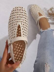 Summer New Fashion Women's Mary Jane Shoes, Buckle Square Toe Soft Sole Hollow Breathable Embroidered Low-Top Shoes - Beige - View 6