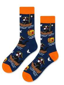 1 Pair Of Crew Sock, Men Funny Graphic Socks, Pirate Black Cat Treasure Chest Ocean Pattern Socks, Soft Breathable, Halloween Christmas Gift For Men - Multicolor - View 2