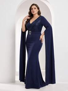 YISIKADO Plus Size Women's Elegant Navy Blue V-Neck Long Dress, Colorblock Sequin Fitted Bodice, With Rhinestone Belt Buckle And Flowing Cape Sleeves - Navy Blue - View 5