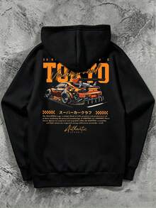 [Men's Plus Size] Men's Casual Streetwear Racing Element Slogan Print Drop Shoulder Loose Fit Hoodie With Pockets And Drawstring, Autumn/Winter - Black - View 3
