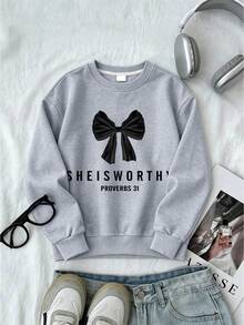 2pcs/Set Girls Big Tween Girl Round Neck Sweatshirt And Wide Leg Pants Outfit, Black Bow Print Round Neck Sweatshirt + Wide Leg Pants Matching Set, Suitable For Autumn/Winter Daily Wear - Multicolor - View 6