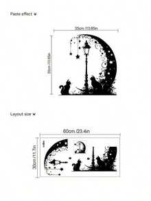Black Moon Aesthetic Pattern Street Lamp Cat Wall Sticker, Decorative Bedroom Living Room Kitchen Dining Room Self-Adhesive Painting, Removable PVC Wall Decal - B - View 3