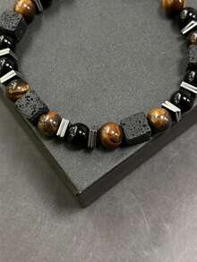 Fashionable Handmade Woven Adjustable Men's Bracelet With Tiger Eye Stone & Obsidian Vintage Minimalist Jewelry Suitable For Daily Wear / Gift Giving - Multicolor - View 6