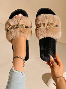 Gentle Home Women Camel Fluffy Faux Fur Open Toe Slide Slippers, Gold Tone Chain Decor Plush Lined Flat Cozy Indoor Daily Slides - Camel - View 4