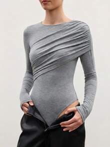 Casual Elegant Y2K Autumn/Winter Cold Shoulder Pleated Bodysuit, Round Neck 2-In-1 Slim Fit Long Sleeve Bodysuit For Outing And Party - Grey - View 6