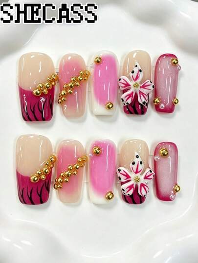 Shecass Uñas Postizas de Presión Francesa Cuadradas Medianas Rosa Fucsia Degradado 3D Mariposa Floral Pintadas a Mano, Cadena de Cuentas Doradas Encantos de Perlas, Uñas Artificiales Suaves Reutilizables para Uso Diario Citas Fiesta de Chicas Boda Banquete, Uñas Y2K Otoño Invierno, Regalos