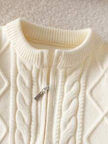 Infant Boys & Girls Minimalist Vintage Cable Knit Diamond Pattern Round Neck Zip-Up Cardigan Long Sleeve Sweater Knit Jacket Casual Versatile For Daily Wear School Spring Autumn Winter - Apricot - View 3