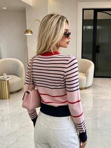 FOR BEAUTY Fall Winter Y2K Elegant Casual French Style Striped Round Neck Ribbed Trim Knit Sweater Tops Women Going Out Vacation Outfits - Multicolor - View 8