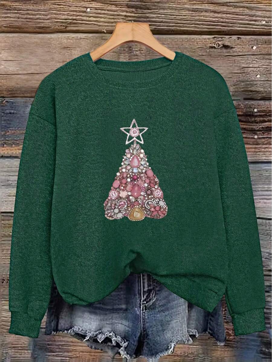 Women's Crew Neck Sweater With Faux Rhinestone Pink Christmas Tree Print, A Stylish Autumn/Winter Look. - Dark Forest Green - View 1