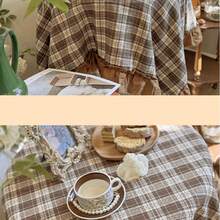 1pc French Vintage Brown Plaid Tablecloth, American Country Style Dining Table Cover, Coffee Shop Decor, Scalloped Edge Tablecloth, Suitable For Wedding, Valentine's Day And Home Decoration - Brown - View 10