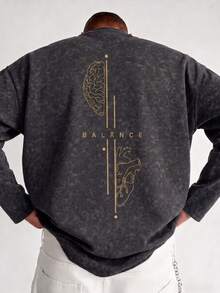 Men's Spring/Autumn Brain & Heart Line BALANCE Print Faux-Washed Drop Shoulder Loose Fit Crew Neck Long Sleeve T-Shirt - Black - View 1