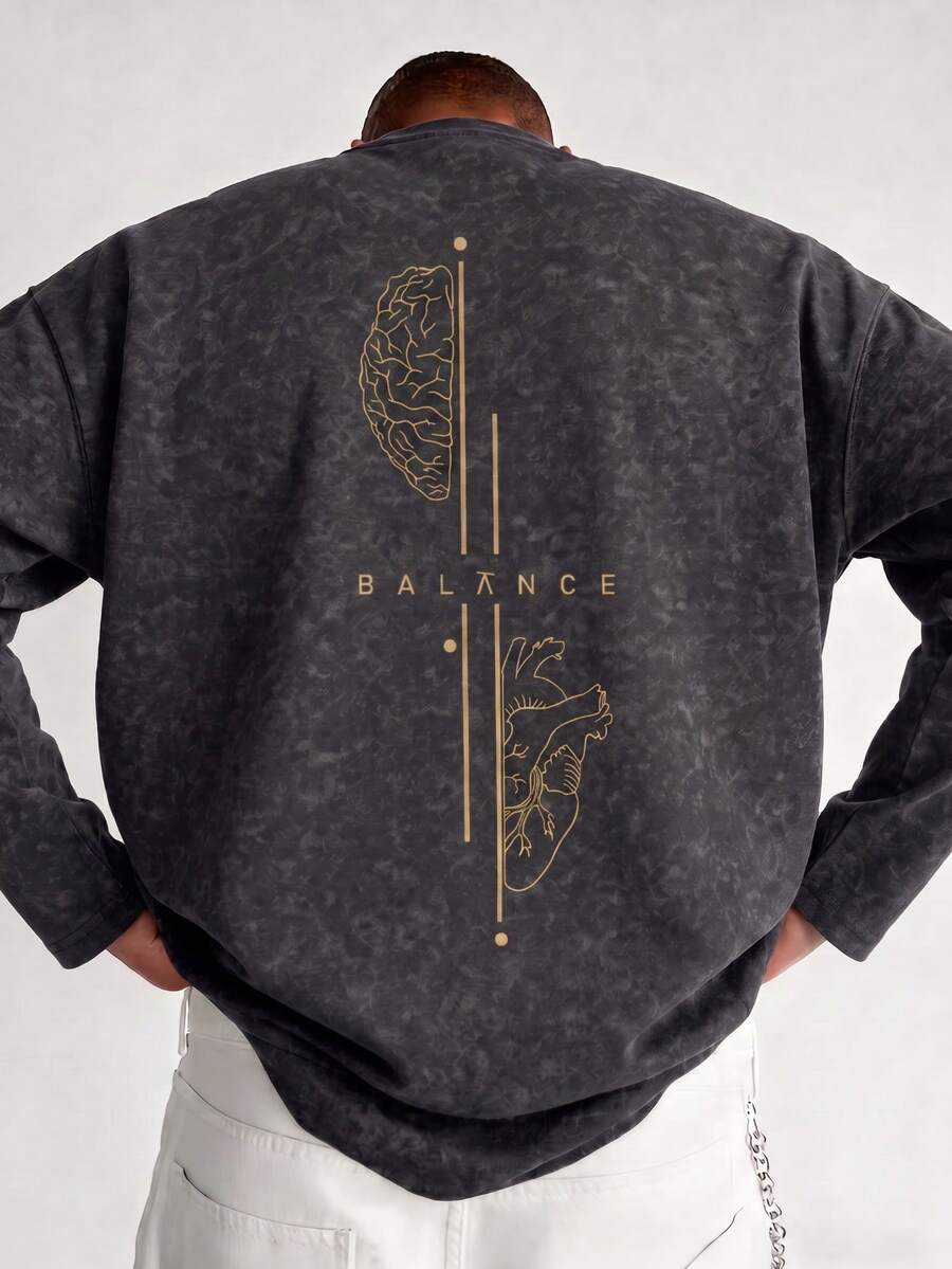 Men's Spring/Autumn Brain & Heart Line BALANCE Print Faux-Washed Drop Shoulder Loose Fit Crew Neck Long Sleeve T-Shirt - Black - View 1