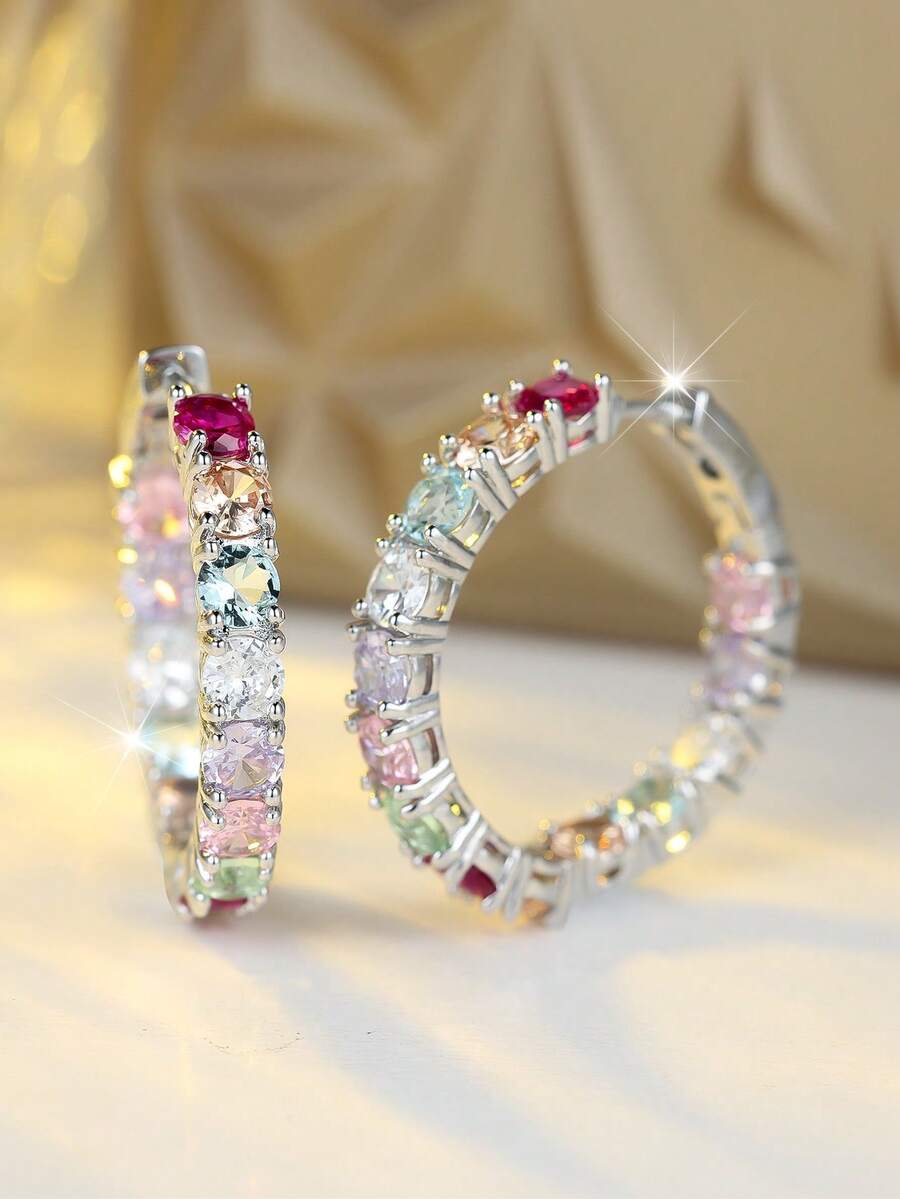 CHICAT 1 Pair Elegant Colorful Crystal Pink Rainbow Cubic Zirconia Hoop Earrings - Shiny Luxury Wedding Birthday Party Jewelry - Silver - View 1