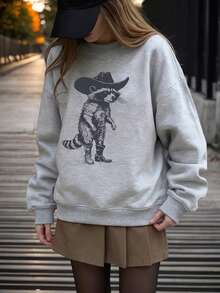 Women's Autumn/Winter New Simple Ins Style Raccoon Graphic Round Neck Casual Pullover Sweatshirt - Fashionable & Versatile, Gray Spring - Dark Gray - View 2