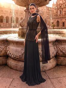 Women's Elegant Romantic Charming Round Neck Formal Evening Gown, Mesh & Sequin Patchwork, Suitable For Ball, Wedding Guest, Cocktail Party, Grand Banquet - Black - View 4
