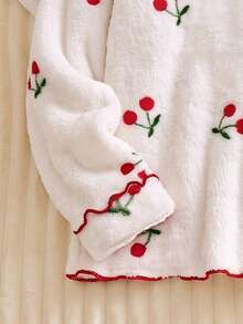 Cute Autumn/Winter Girls Cherry Print White Long Sleeve Open Front Pajama Set, Warm Comfortable Soft, Girls Home Casual - White - View 6