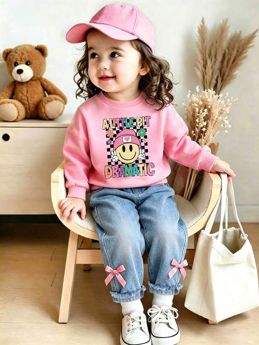 Sweatshirt dan Celana Panjang Denim Hangat Berkerah Bulat dengan Motif Kartun untuk Bayi Perempuan - Berwarna merah muda - View 1
