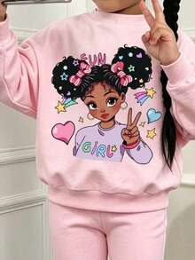 Tween Girl Cartoon Print Crew Neck Long Sleeve Sweatshirt And Sweatpants Casual Daily Set - Pink - View 4