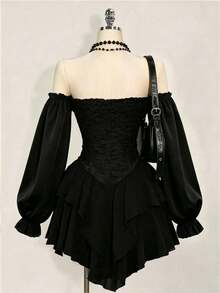 Solid Color Elegant Lace Patchwork Zipper Wedding Women's Black Gothic Lace Dress, Suitable For Halloween, Christmas Party And Witch Theme Cosplay Events - Black - View 5