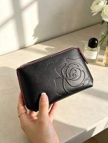 Lancôme Bolsa de cosméticos Lancome con rosa en relieve negro, bolsa de maquillaje de cuero sintético con ribete rosa, portátil y duradera, adecuada para uso personal y regalo, LANCOME‑GIFT‑30 - Negro - Ver 5