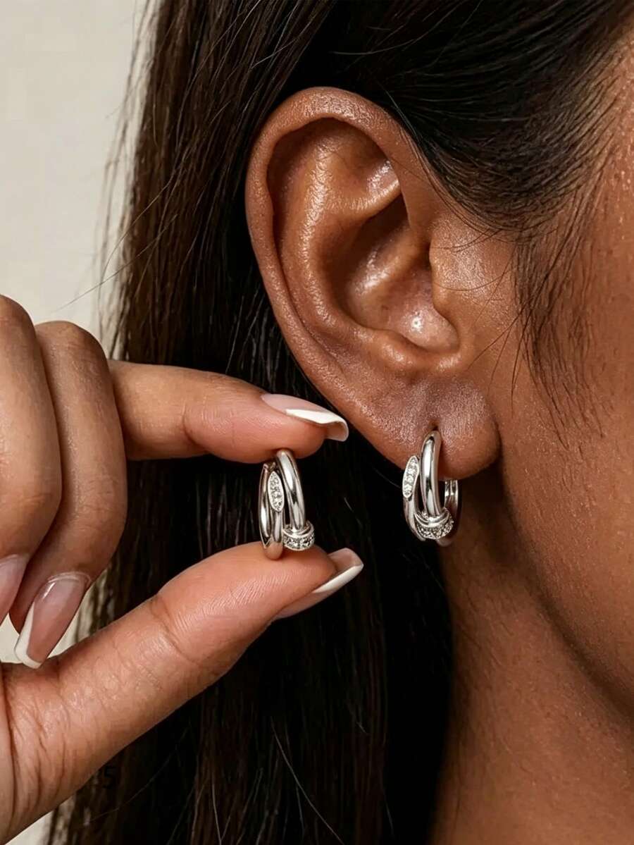 1pc Minimalist 925 Silver Plated Rhinestone Spiral Hoop Earrings, Fashion Earrings For Women - Stud Hoop Earrings - View 1