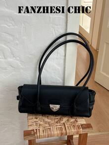 Women's Shoulder Bag, Metal Snap Lock Flap Design With Long Handle And Side Decorative Strap, Flap Snap Closure, Vintage Intellectual French Baguette Bag, French Minimalist Long Handbag Underarm Bag For Commuting And Dating - Black - View 1