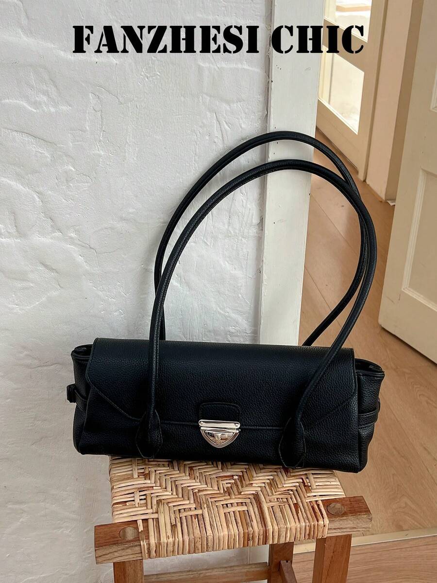 Women's Shoulder Bag, Metal Snap Lock Flap Design With Long Handle And Side Decorative Strap, Flap Snap Closure, Vintage Intellectual French Baguette Bag, French Minimalist Long Handbag Underarm Bag For Commuting And Dating - Black - View 1