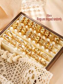 Koleksi Cincin Acak Berlapis Emas 18K Stainless Steel 5/10/15/20/25/30pcs, Cincin Jari Telunjuk Desain Lebar dengan Hiasan Berlian Imitasi Bentuk Hati, Huruf Romawi, dan Bentuk Oval dengan Desain Tetesan Air Matte yang Modis dan Indah, Cocok untuk Pemakaian Sehari-hari dan Hadiah Liburan Unisex - Emas - View 9