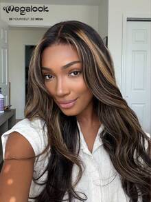 MEGALOOK Balayage Highlight Upgraded 13x6 Lace Big Wave Wig, Drawstring Design, 100% Human Hair, Pre-Cut Lace Ear To Ear Natural Hairline, Transparent Lace Front, 180% Density, Natural Appearance, Daily Wear - SNATURAL/27 - View 2