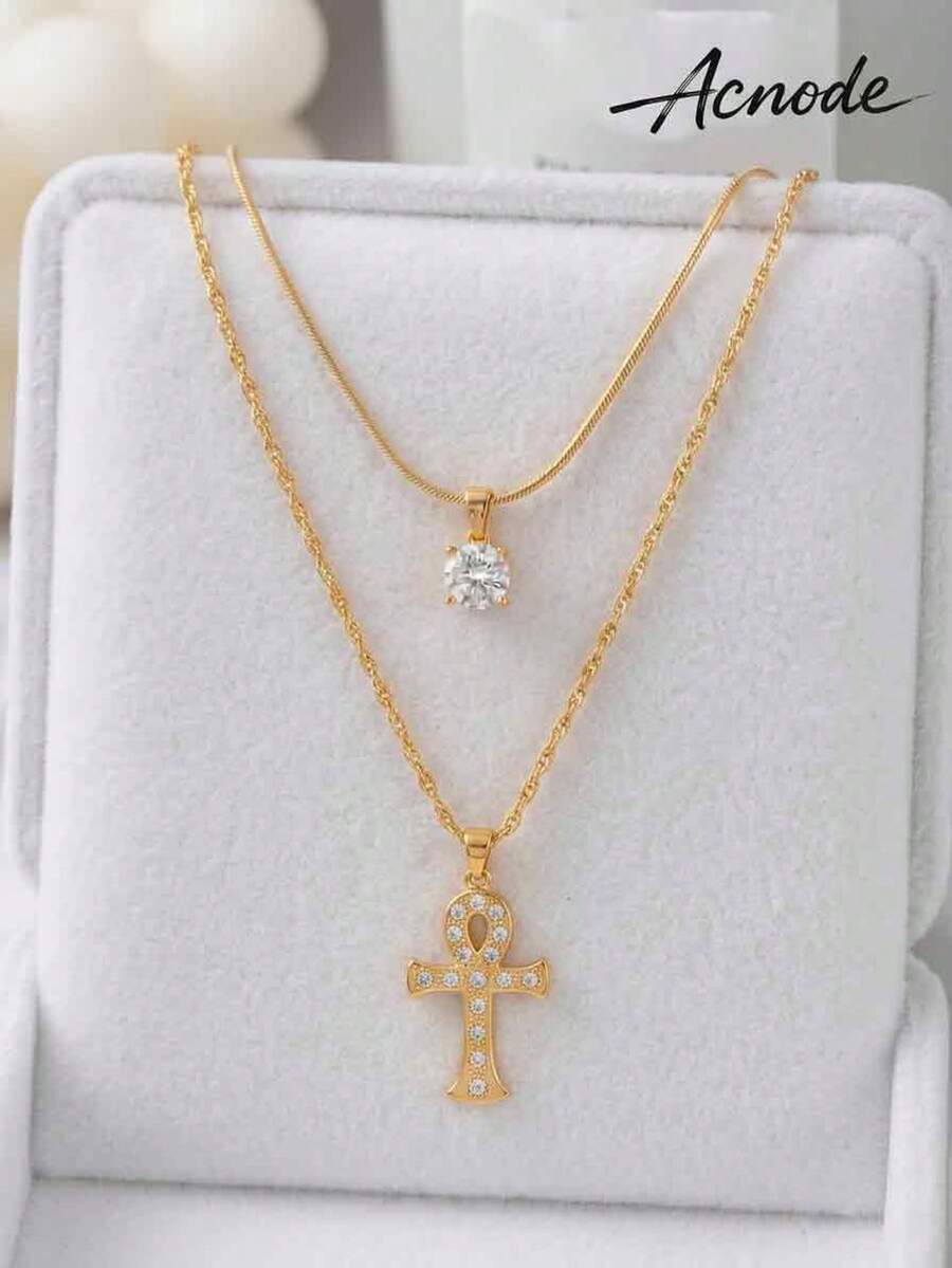 2pcs/Set Women's Vintage Premium Gold-Plated Layered Necklace, Sparkling Single Diamond & Rhinestone Ankh Life Symbol Cross Pendant, Egyptian Style Amulet Collarbone Chain, Versatile For Daily Wear - Gold - View 1