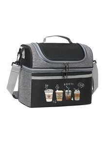 Four Cups Of Coffee Print Lunch Bag With Insulated, Dual-Compartment Lunch Bag With Shoulder Strap, Practical, Versatile Gift For Family And Friends - Multicolor - View 13
