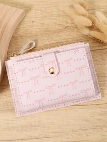 Simple Bow Printed Card Bag, Ultra-Thin Zipper Convenient ID Window ID Bag, Portable Credit Card And Coin Card Bag, Suitable For Outdoor And Travel - Pink - View 5